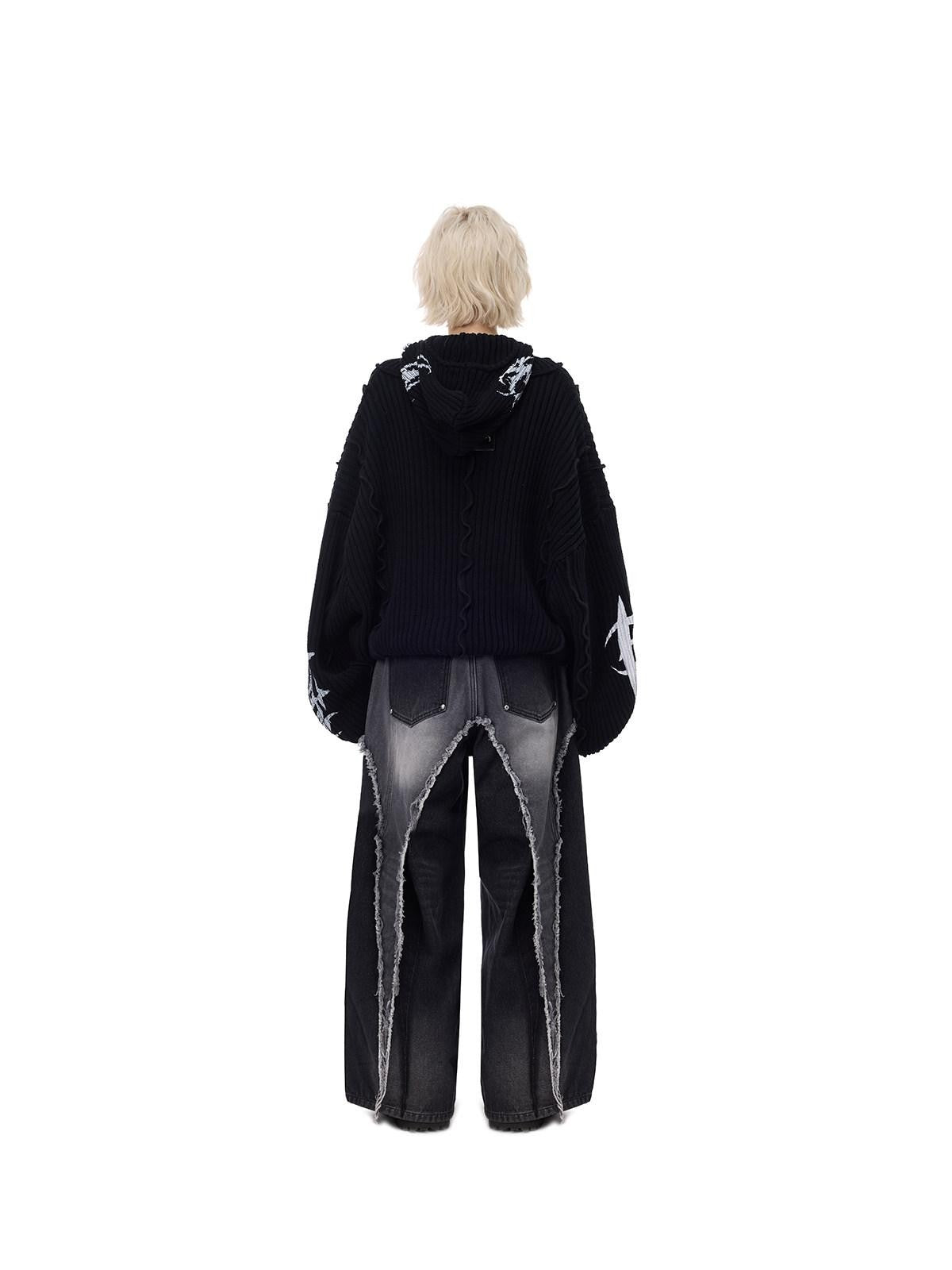 PINKSPINK Black Patchwork Hooded Loose Punk Women's Acrylic Pullover Sweaters