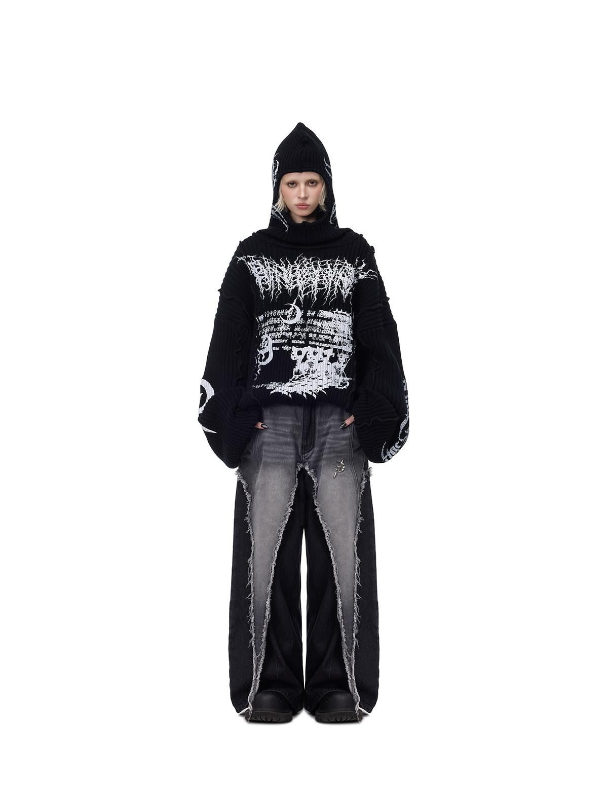 PINKSPINK Black Patchwork Hooded Loose Punk Women's Acrylic Pullover Sweaters