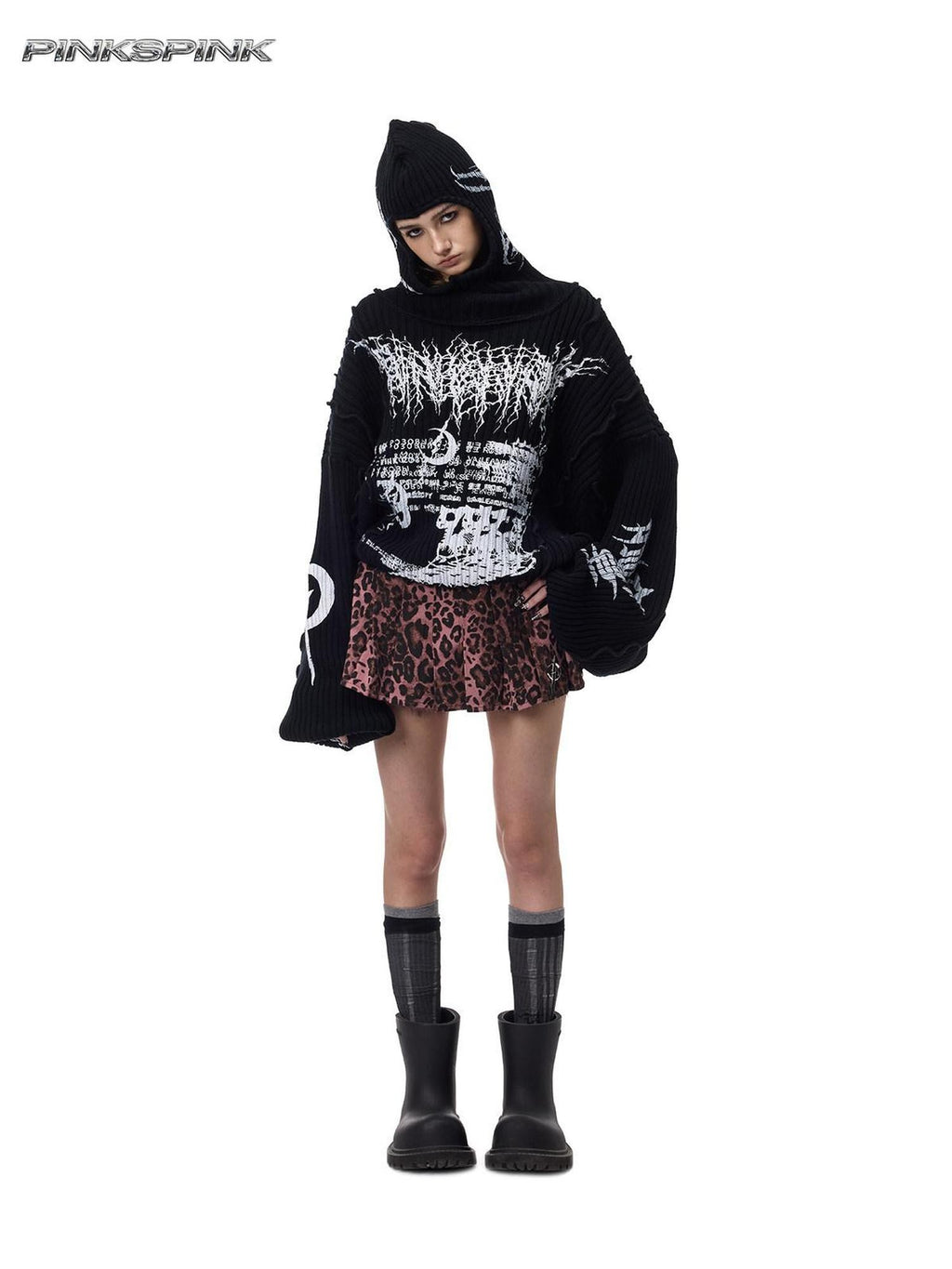 PINKSPINK Black Patchwork Hooded Loose Punk Women's Acrylic Pullover Sweaters