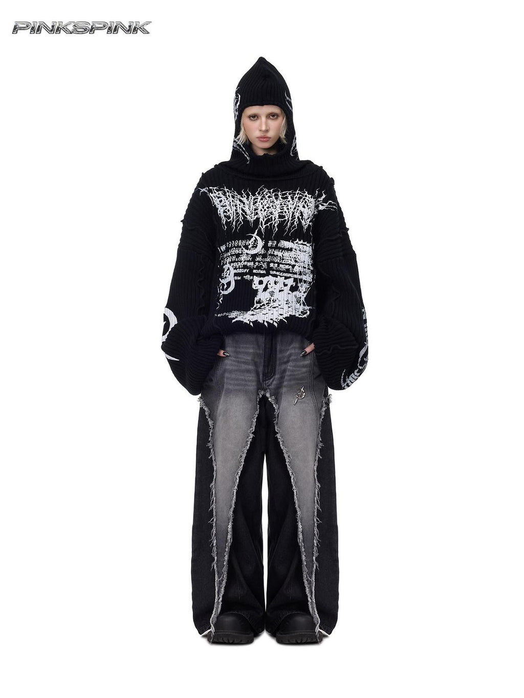 PINKSPINK Black Patchwork Hooded Loose Punk Women's Acrylic Pullover Sweaters