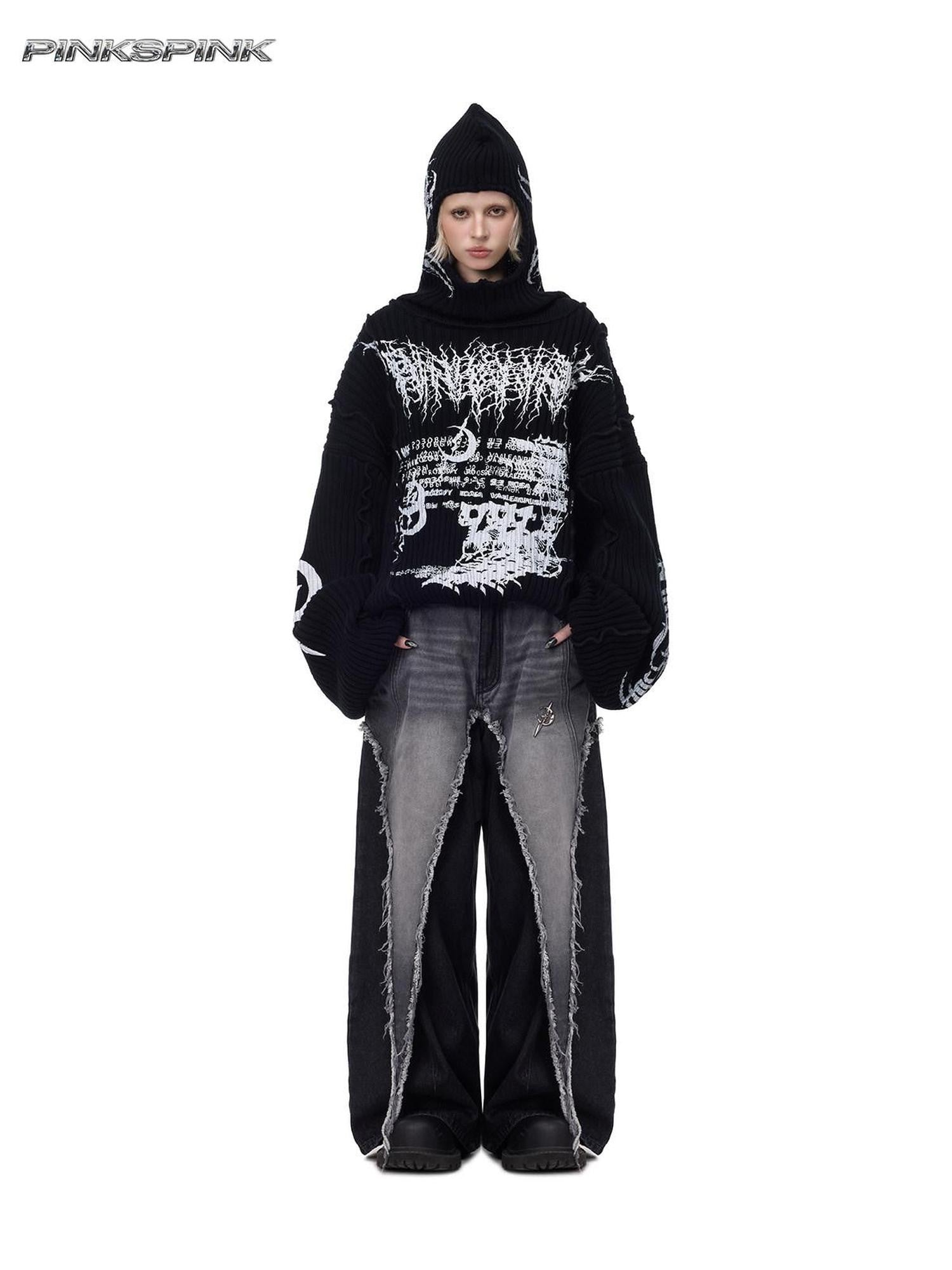 PINKSPINK Black Patchwork Hooded Loose Punk Women's Acrylic Pullover Sweaters