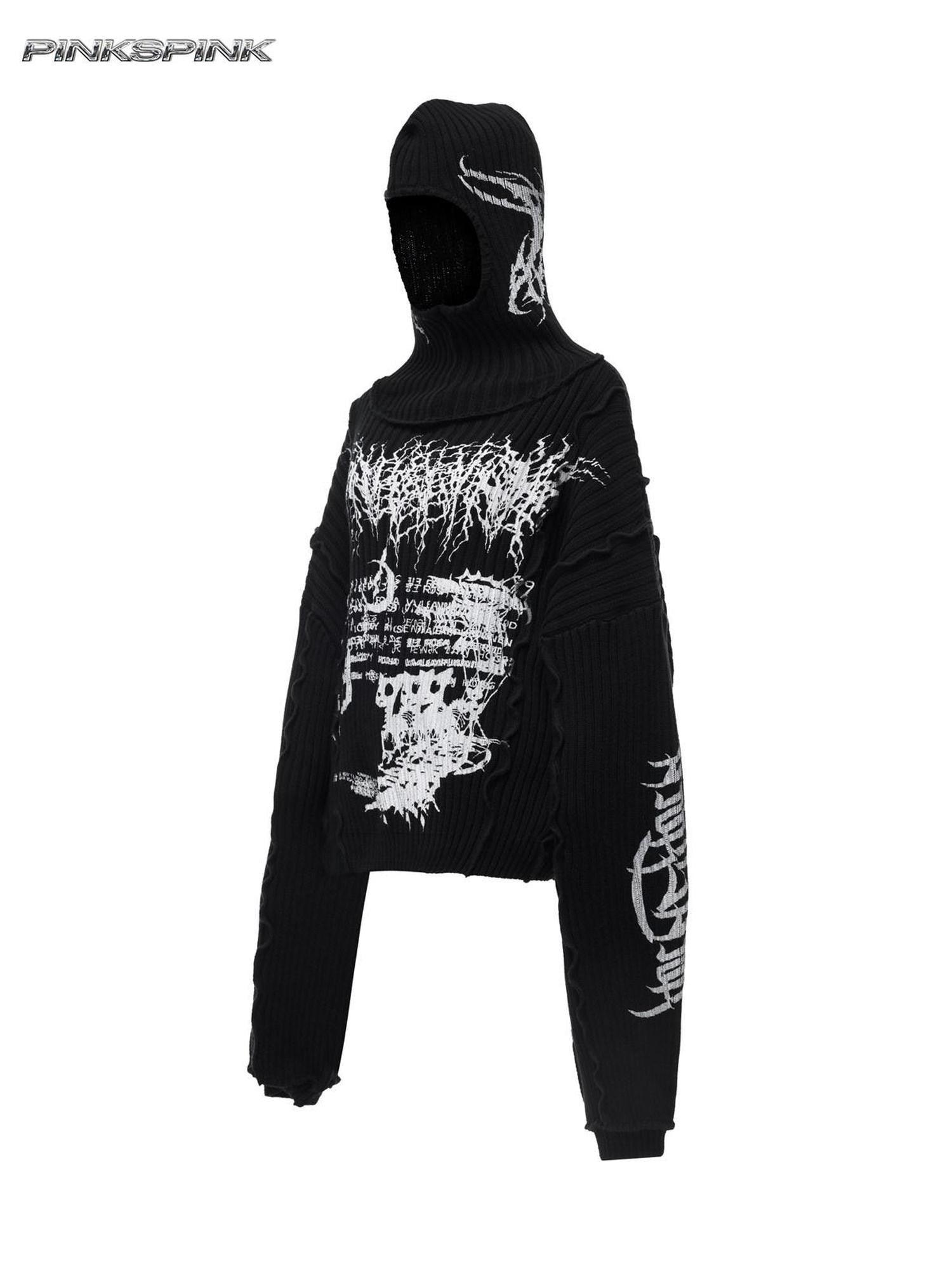 PINKSPINK Black Patchwork Hooded Loose Punk Women's Acrylic Pullover Sweaters