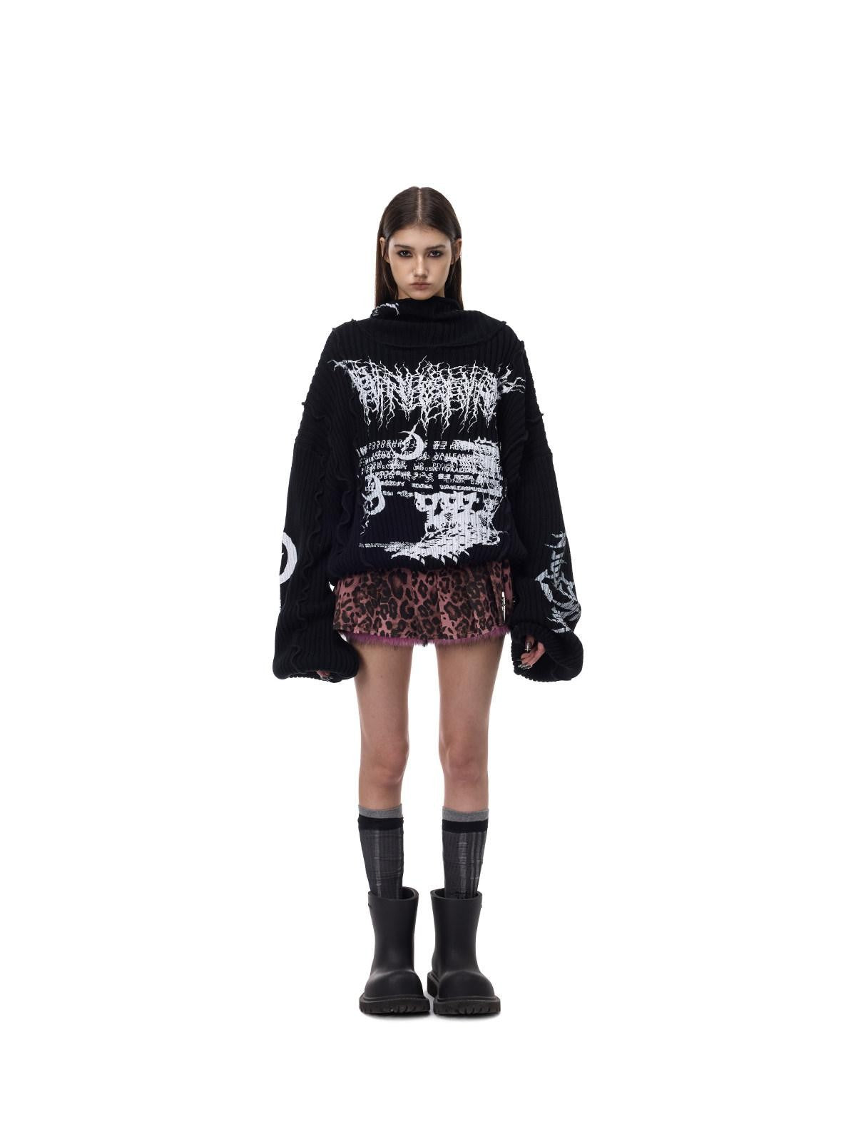 PINKSPINK Black Patchwork Hooded Loose Punk Women's Acrylic Pullover Sweaters