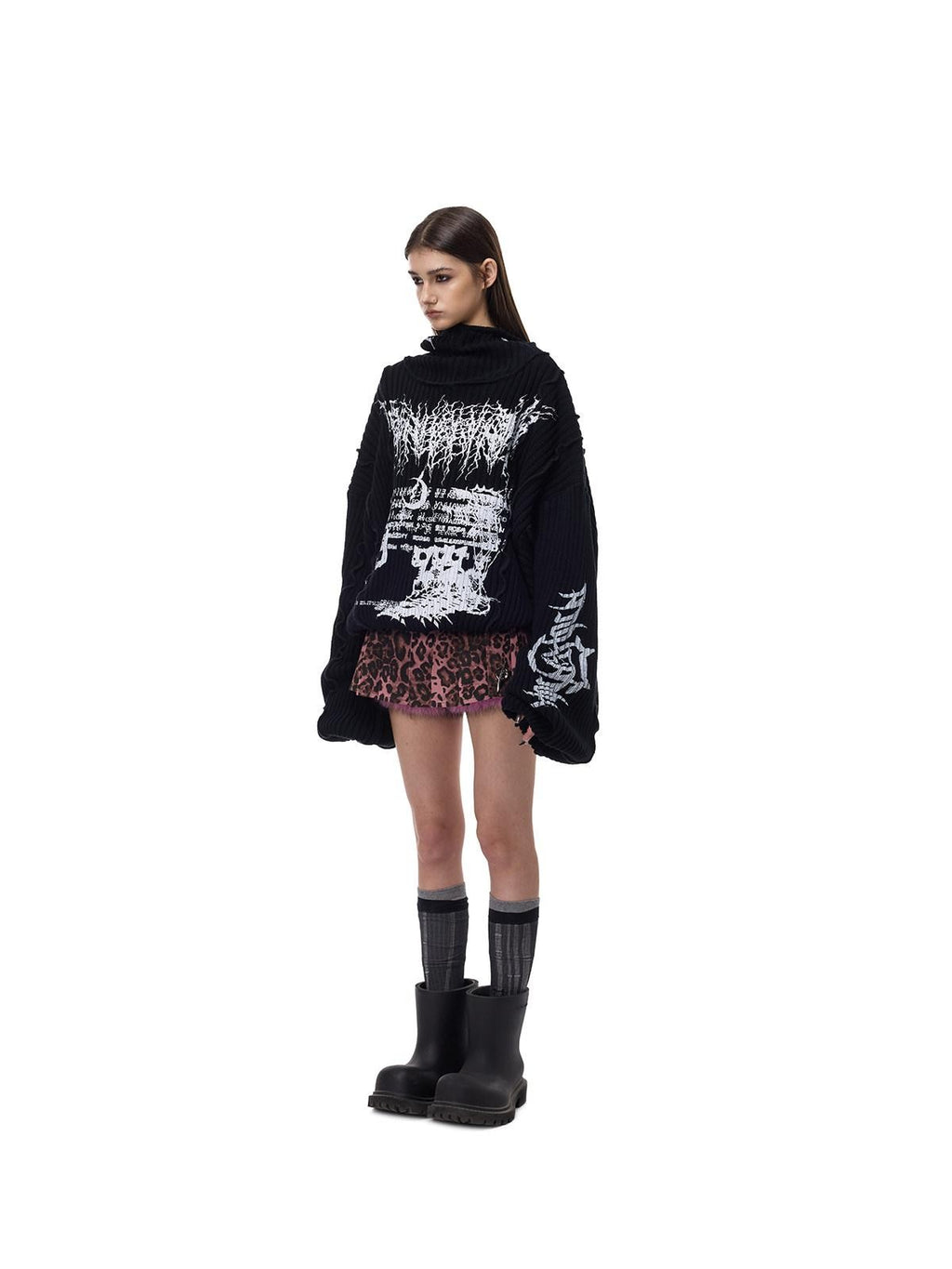 PINKSPINK Black Patchwork Hooded Loose Punk Women's Acrylic Pullover Sweaters
