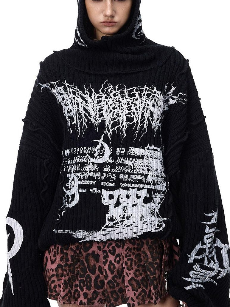 PINKSPINK Black Patchwork Hooded Punk Print Knit Acrylic Women's Pullover Sweaters