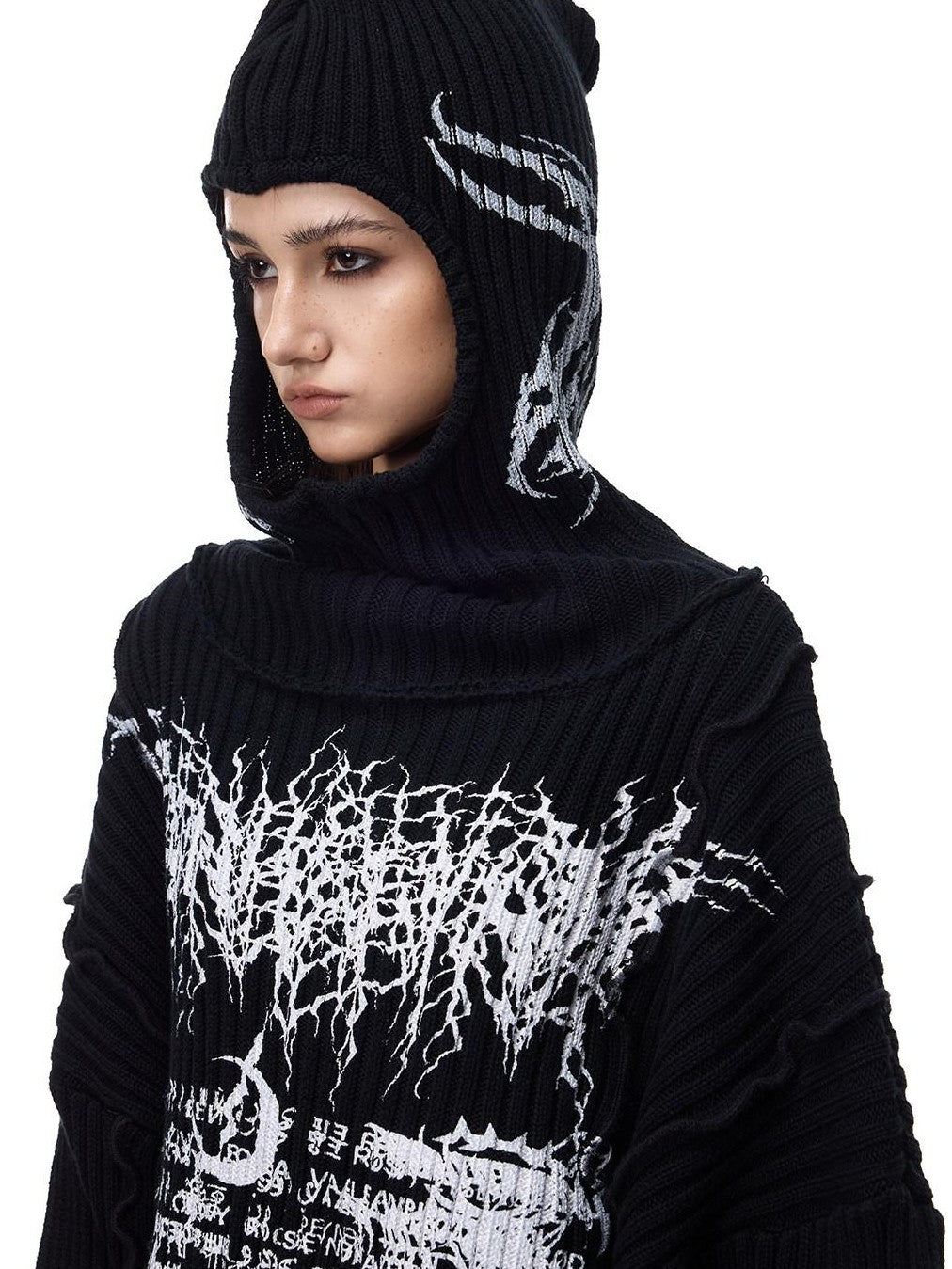 PINKSPINK Black Patchwork Hooded Punk Print Knit Acrylic Women's Pullover Sweaters