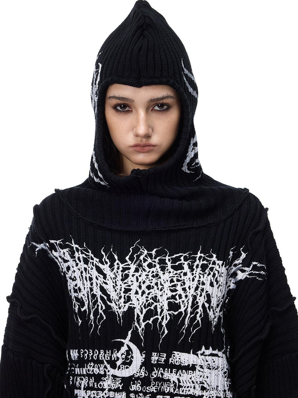PINKSPINK Black Patchwork Hooded Punk Print Knit Acrylic Women's Pullover Sweaters