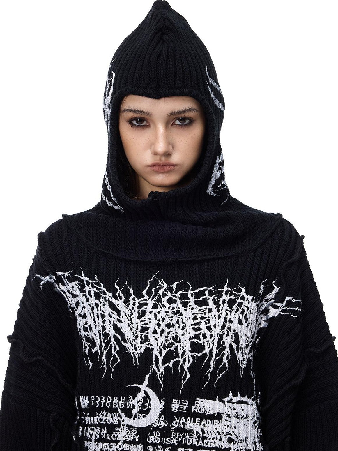 PINKSPINK Black Patchwork Hooded Punk Print Knit Acrylic Women's Pullover Sweaters