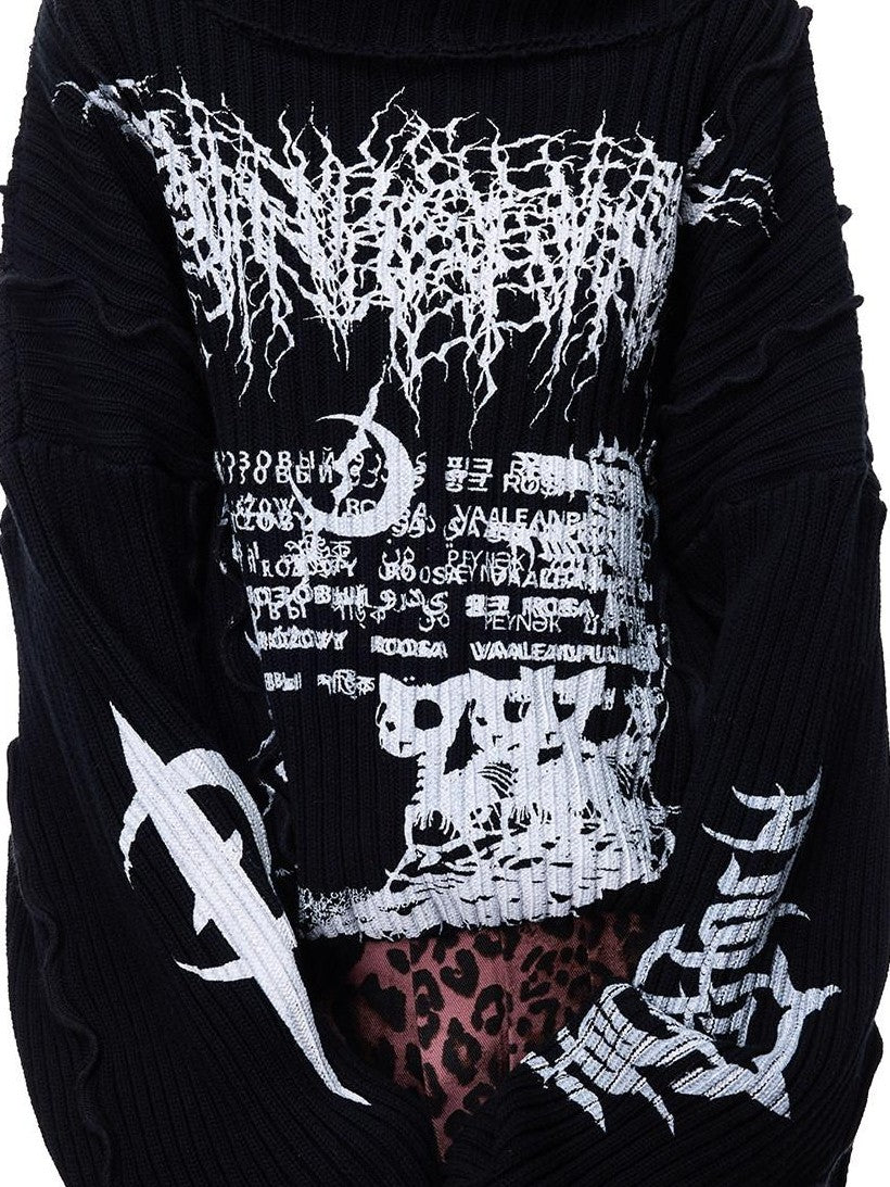 PINKSPINK Black Patchwork Hooded Punk Print Knit Acrylic Women's Pullover Sweaters