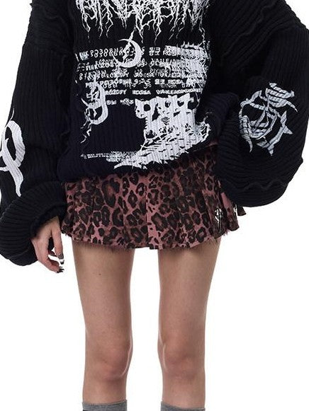 PINKSPINK Black Patchwork Hooded Punk Print Knit Acrylic Women's Pullover Sweaters