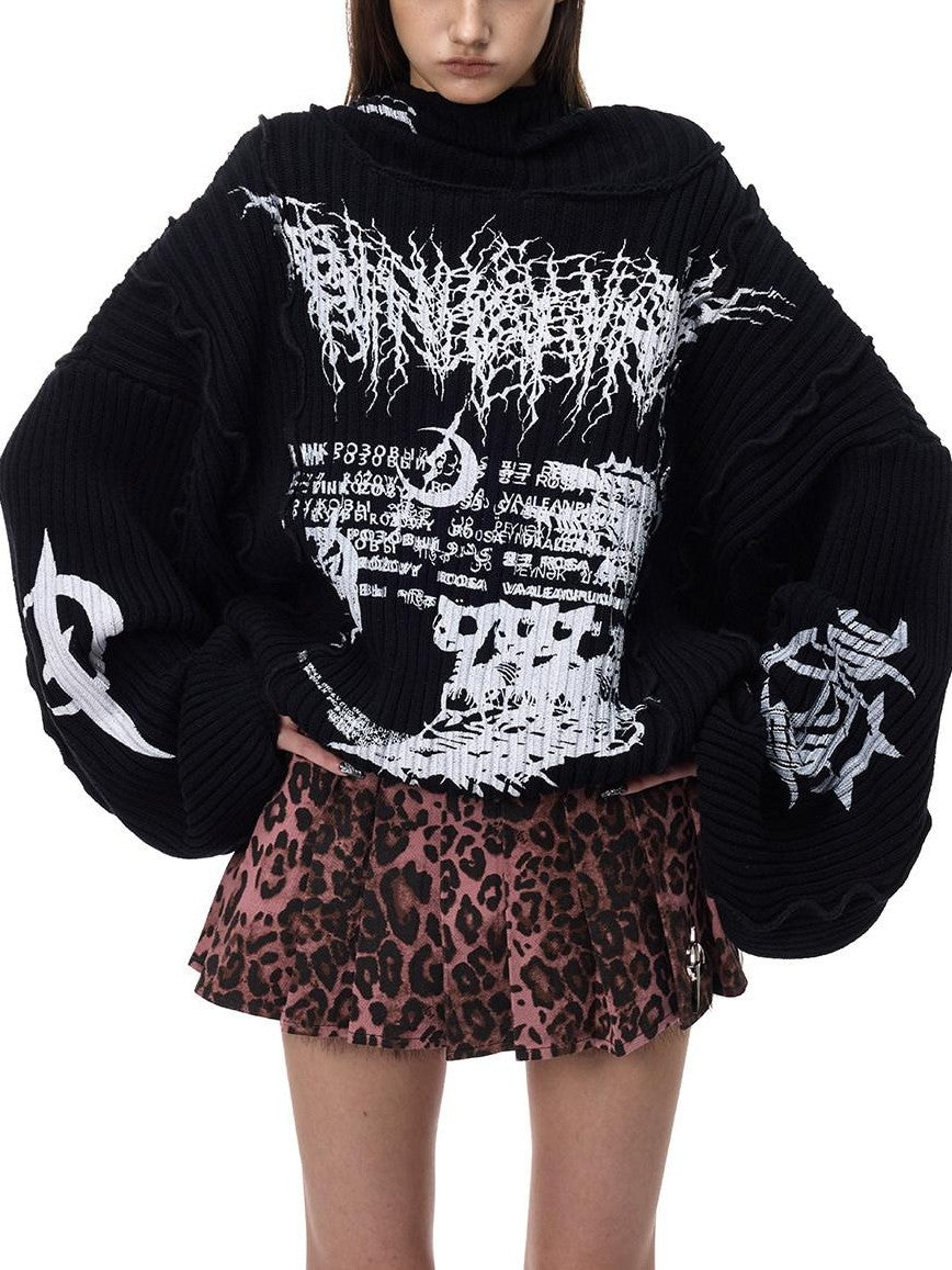 PINKSPINK Black Patchwork Hooded Punk Print Knit Acrylic Women's Pullover Sweaters