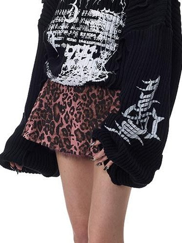 PINKSPINK Black Patchwork Hooded Punk Print Knit Acrylic Women's Pullover Sweaters