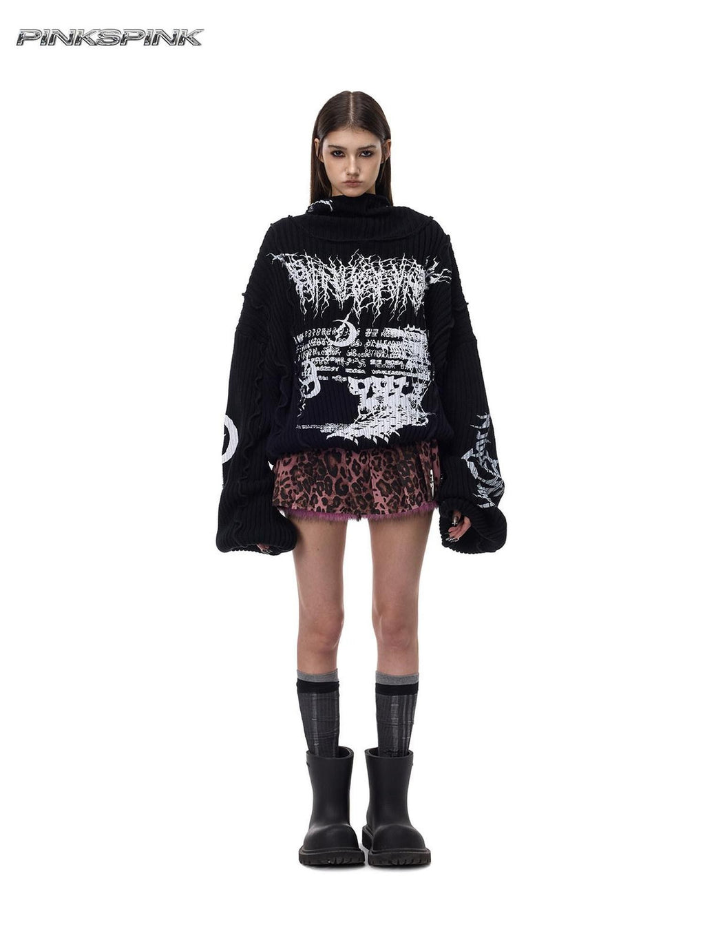 PINKSPINK Black Patchwork Hooded Punk Print Knit Acrylic Women's Pullover Sweaters
