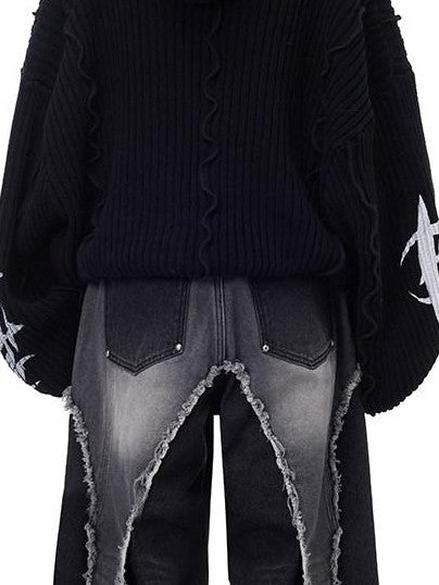 PINKSPINK Black Patchwork Hooded Punk Print Knit Acrylic Women's Pullover Sweaters