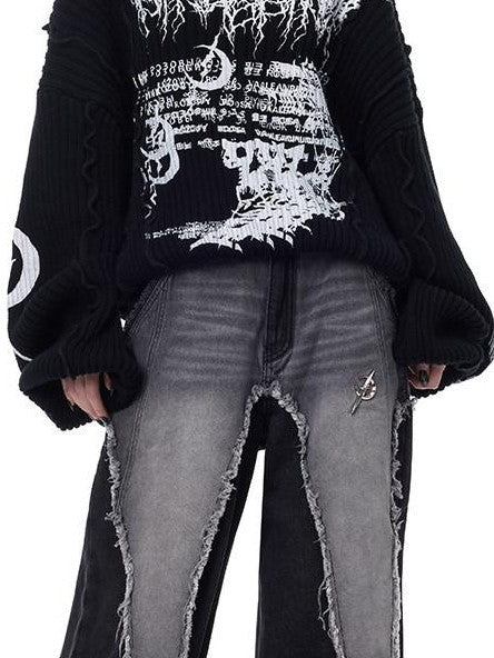 PINKSPINK Black Patchwork Hooded Punk Print Knit Acrylic Women's Pullover Sweaters