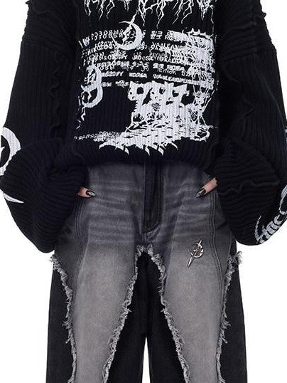 PINKSPINK Black Patchwork Hooded Punk Print Knit Acrylic Women's Pullover Sweaters