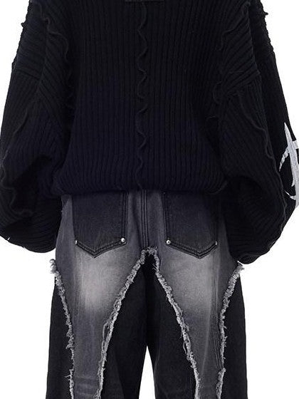 PINKSPINK Black Patchwork Hooded Punk Print Knit Acrylic Women's Pullover Sweaters