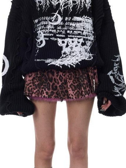 PINKSPINK Black Patchwork Hooded Punk Print Knit Acrylic Women's Pullover Sweaters