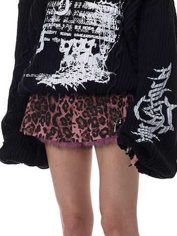 PINKSPINK Black Patchwork Hooded Punk Print Knit Acrylic Women's Pullover Sweaters