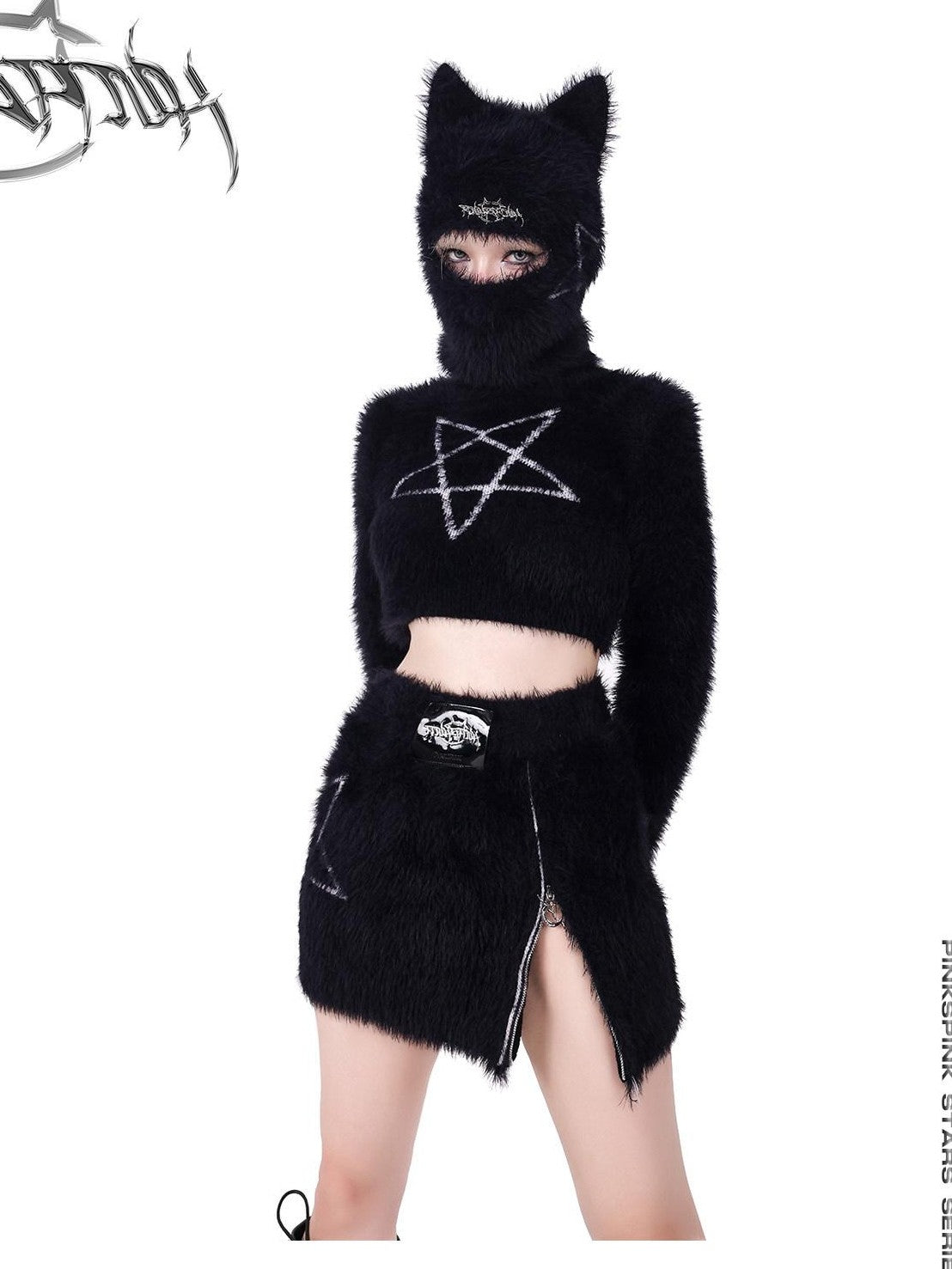 PINKSPINK Black Pentagram Cat Ear Masked Street Women's Cotton Knit Beanies
