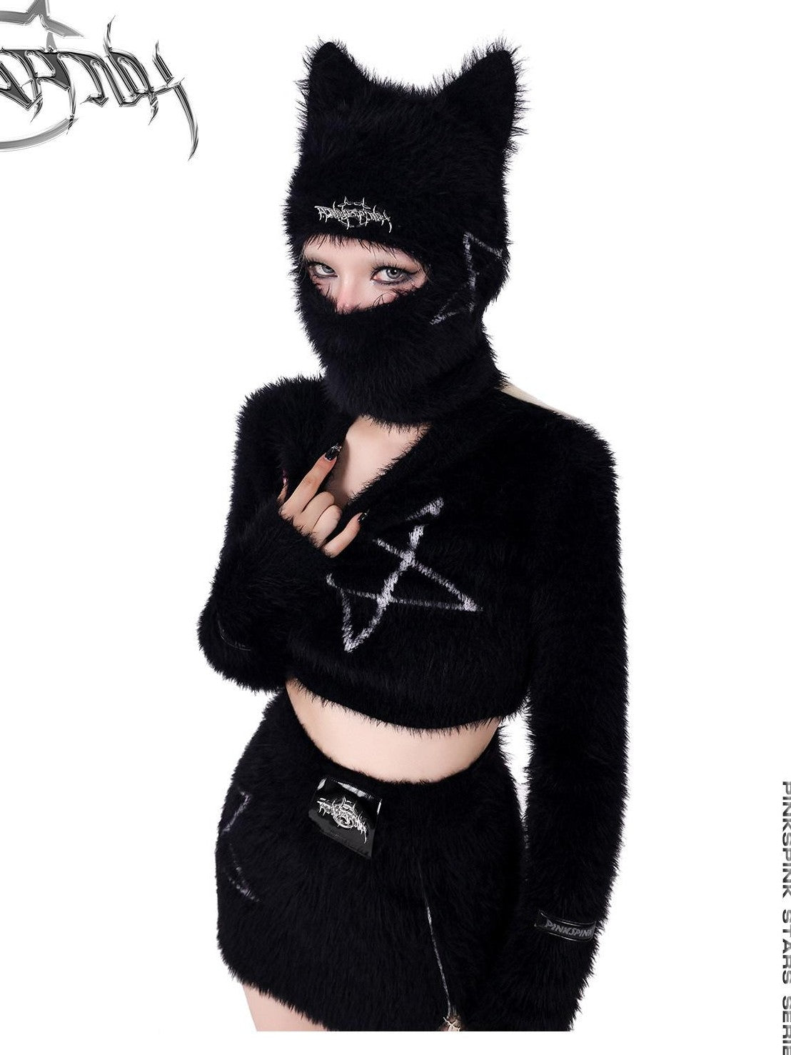 PINKSPINK Black Pentagram Cat Ear Masked Street Women's Cotton Knit Beanies