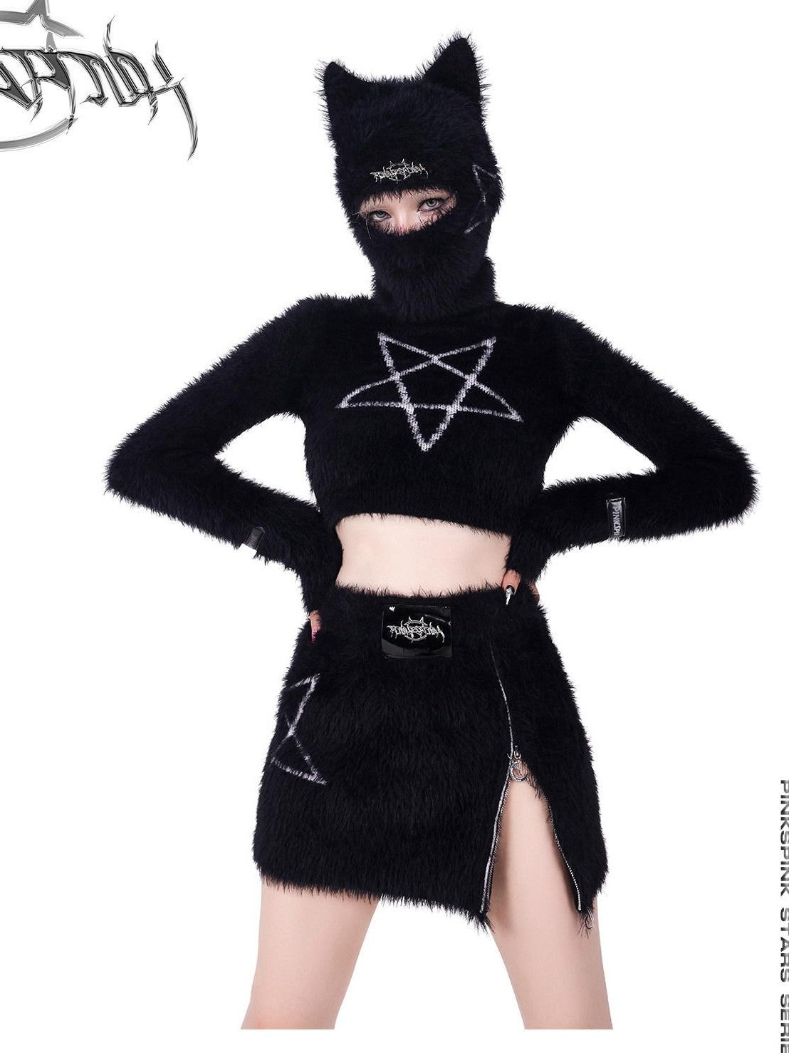 PINKSPINK Black Pentagram Cat Ear Masked Street Women's Cotton Knit Beanies