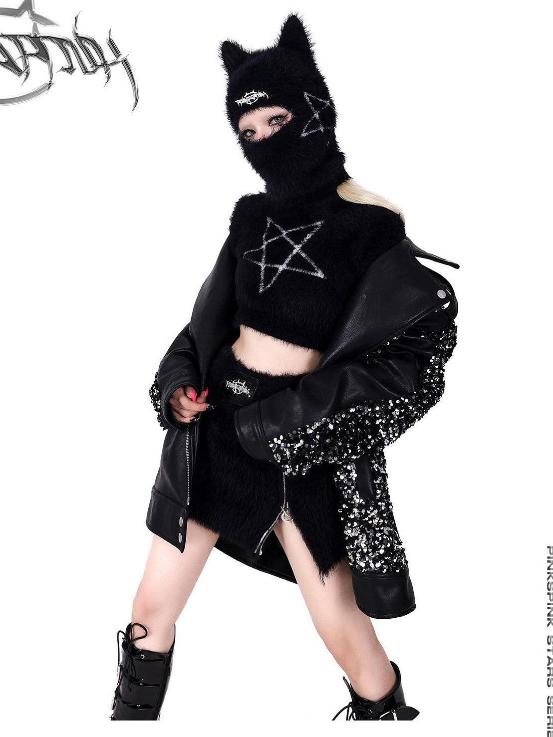PINKSPINK Black Pentagram Cat Ear Masked Street Women's Cotton Knit Beanies