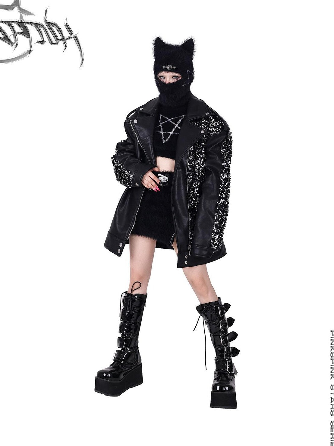 PINKSPINK Black Pentagram Cat Ear Masked Street Women's Cotton Knit Beanies