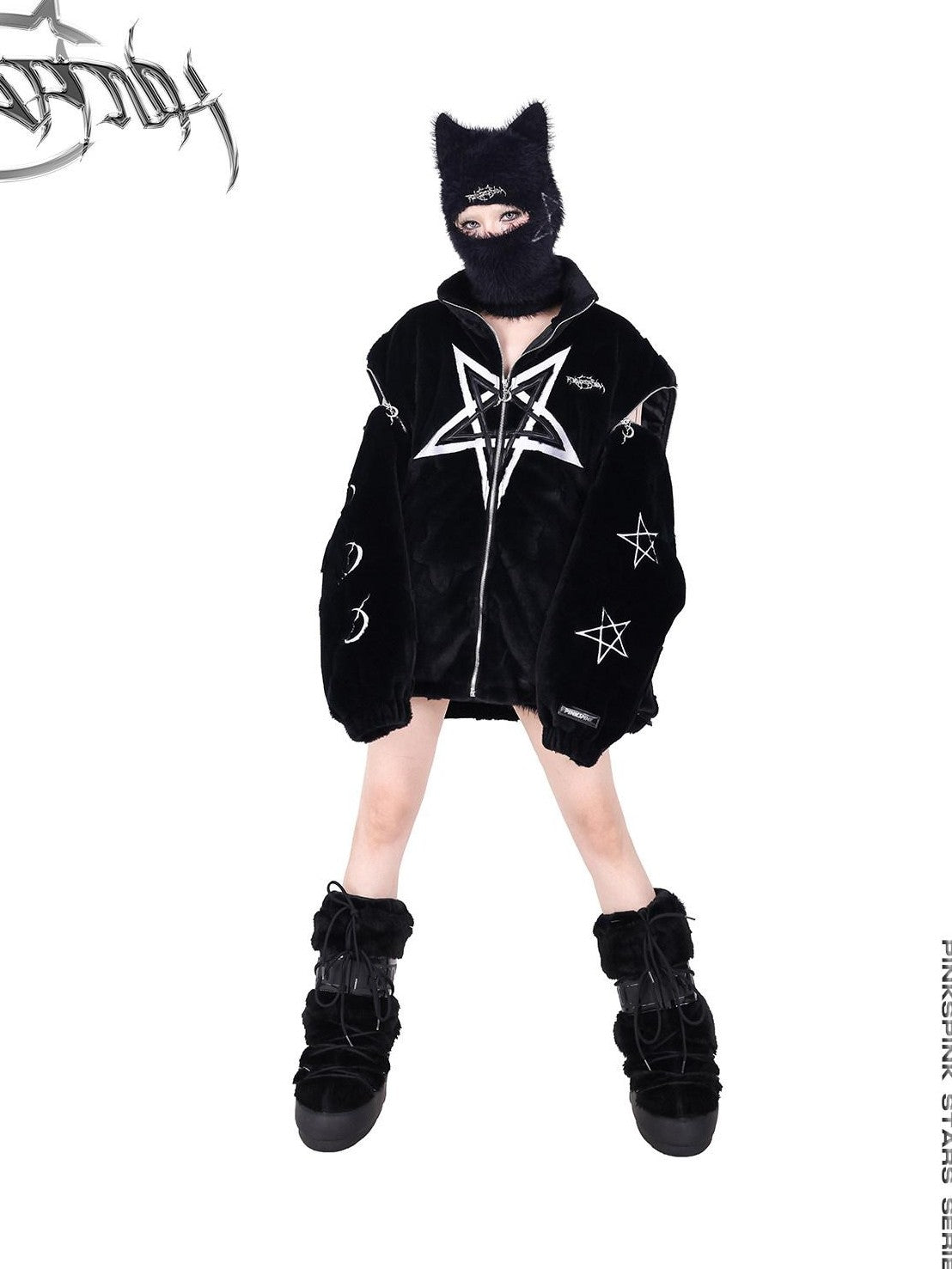 PINKSPINK Black Pentagram Cat Ear Masked Street Women's Cotton Knit Beanies