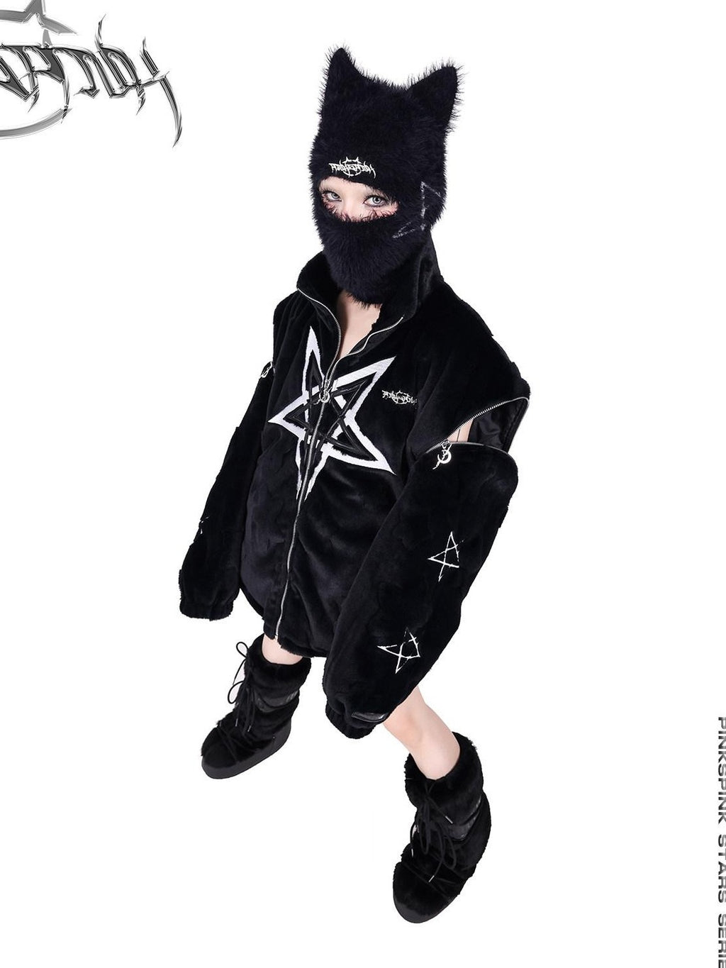PINKSPINK Black Pentagram Cat Ear Masked Street Women's Cotton Knit Beanies