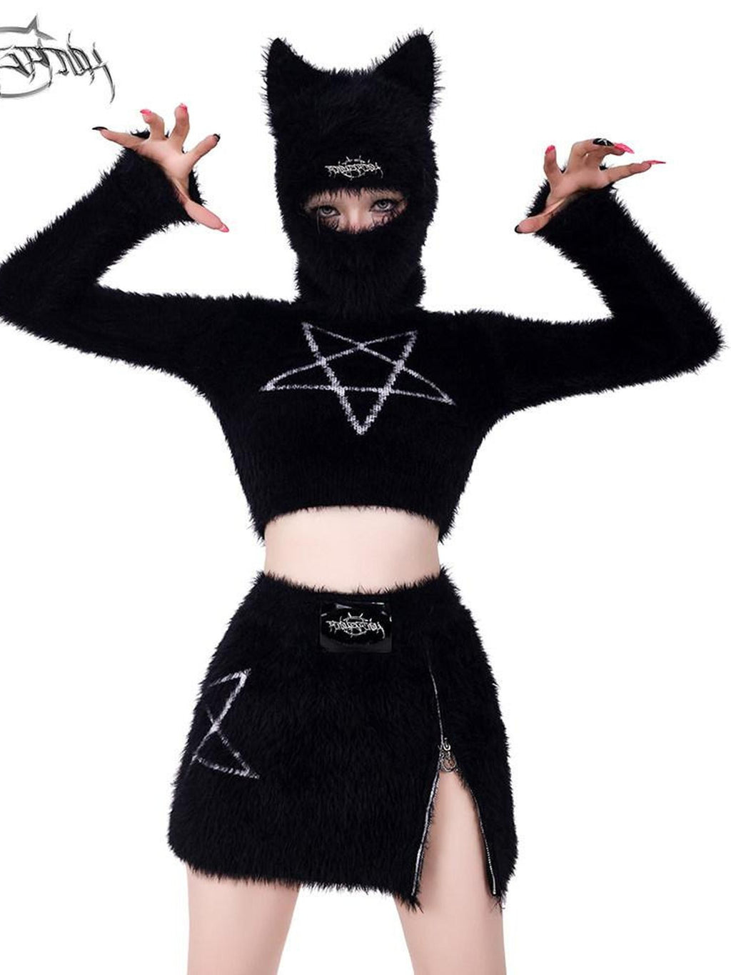 PINKSPINK Black Pentagram Cat Ear Masked Street Women's Cotton Knit Beanies