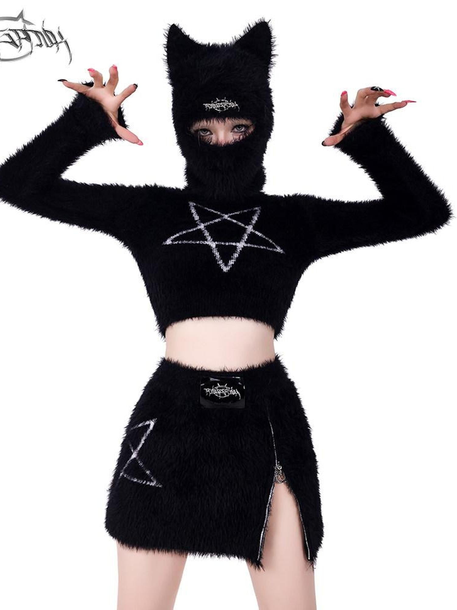 PINKSPINK Black Pentagram Cat Ear Masked Street Women's Cotton Knit Beanies