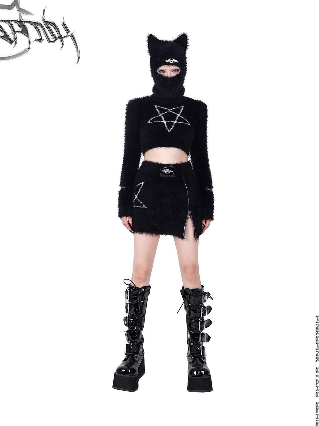 PINKSPINK Black Pentagram Cat Ear Masked Street Women's Cotton Knit Beanies