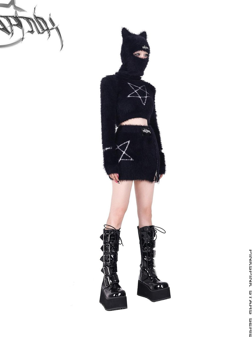 PINKSPINK Black Pentagram Cat Ear Masked Street Women's Cotton Knit Beanies