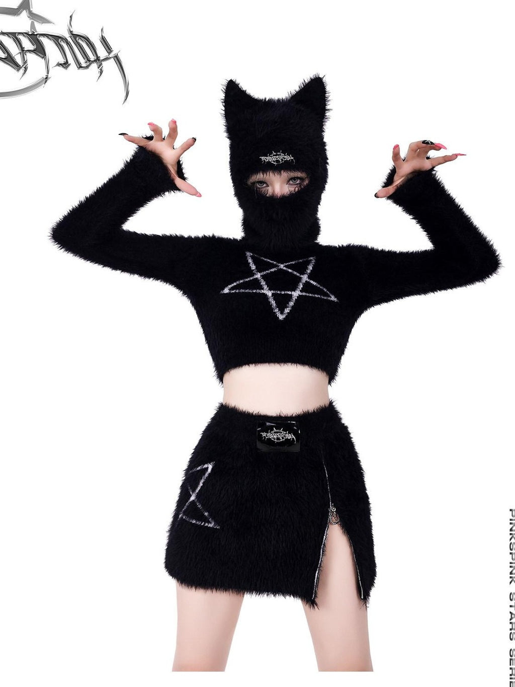 PINKSPINK Black Pentagram Cat Ear Masked Street Women's Cotton Knit Beanies