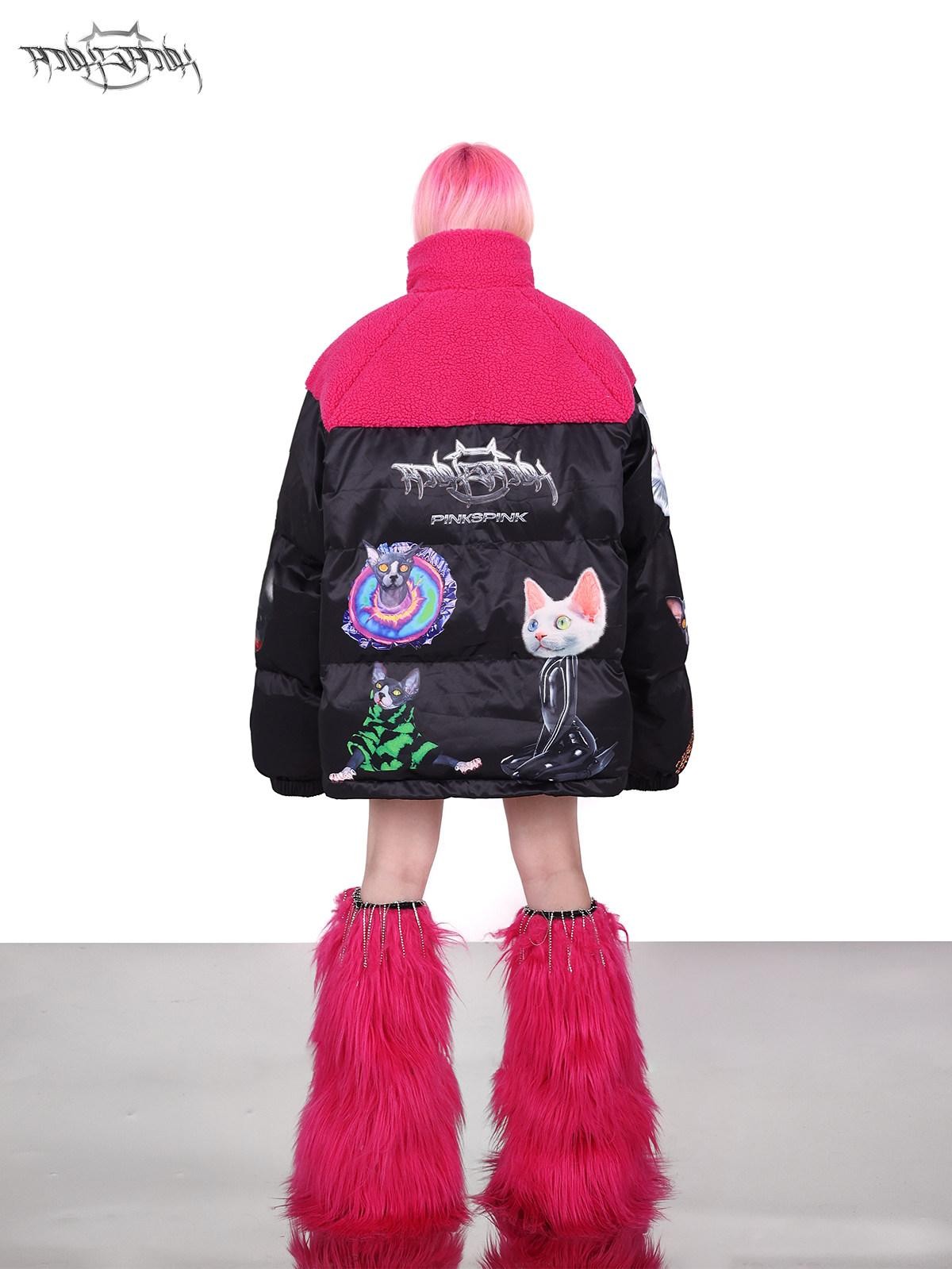PINKSPINK Black Pink Cat Colorblock Oversized Zipper Women's Cotton Puffer Jackets