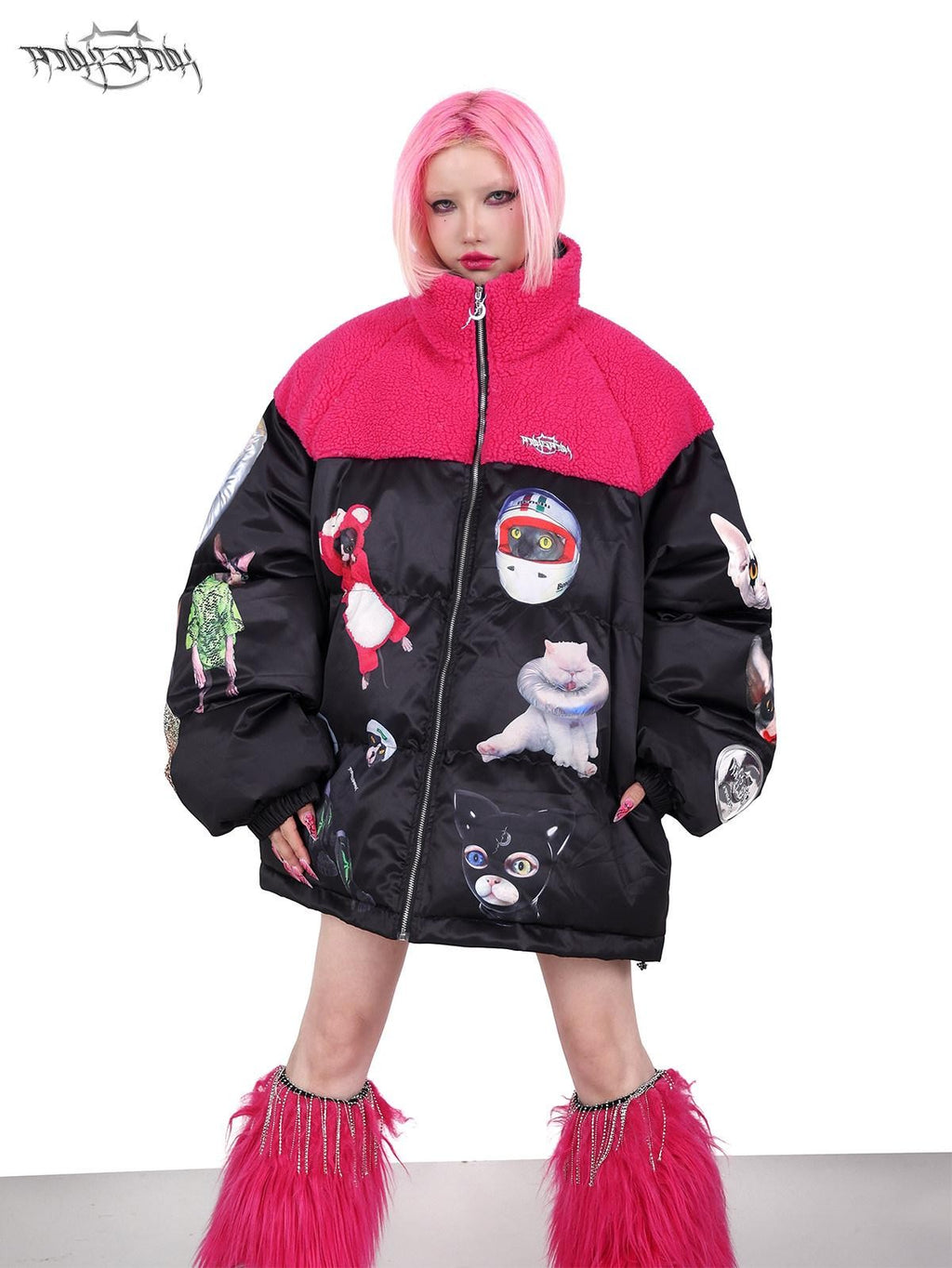 PINKSPINK Black Pink Cat Colorblock Oversized Zipper Women's Cotton Puffer Jackets