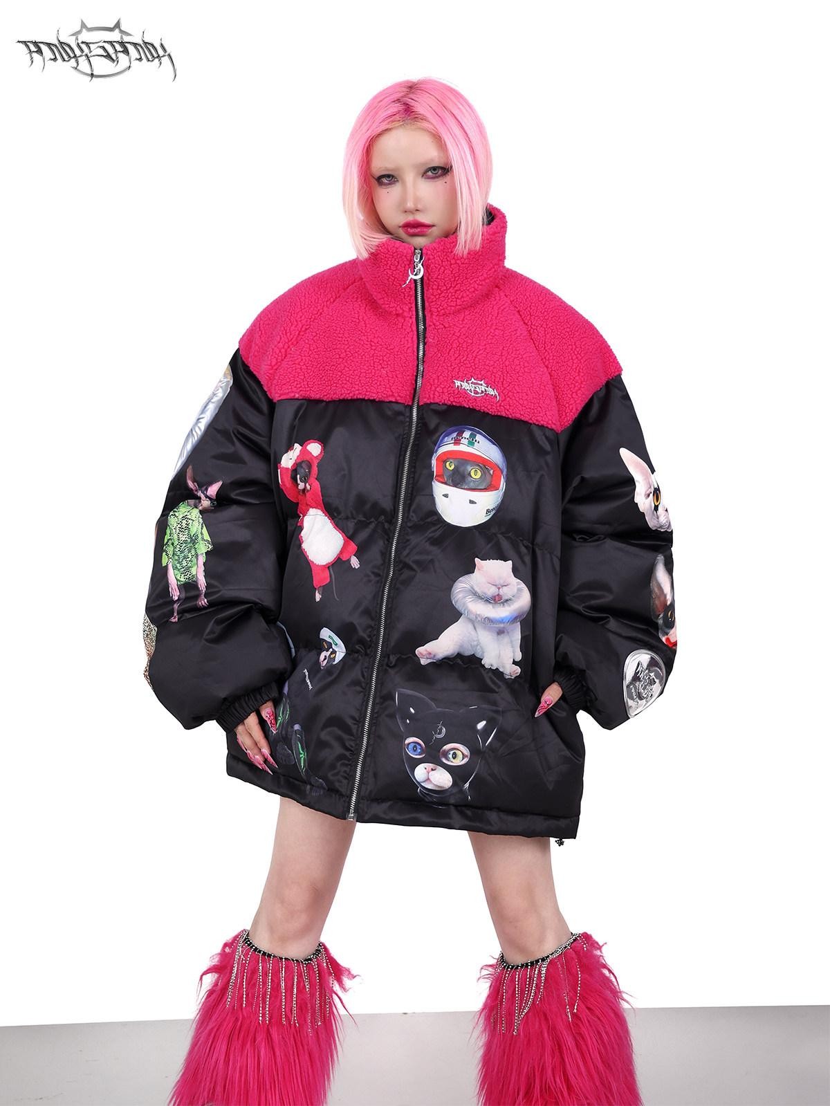 PINKSPINK Black Pink Cat Colorblock Oversized Zipper Women's Cotton Puffer Jackets