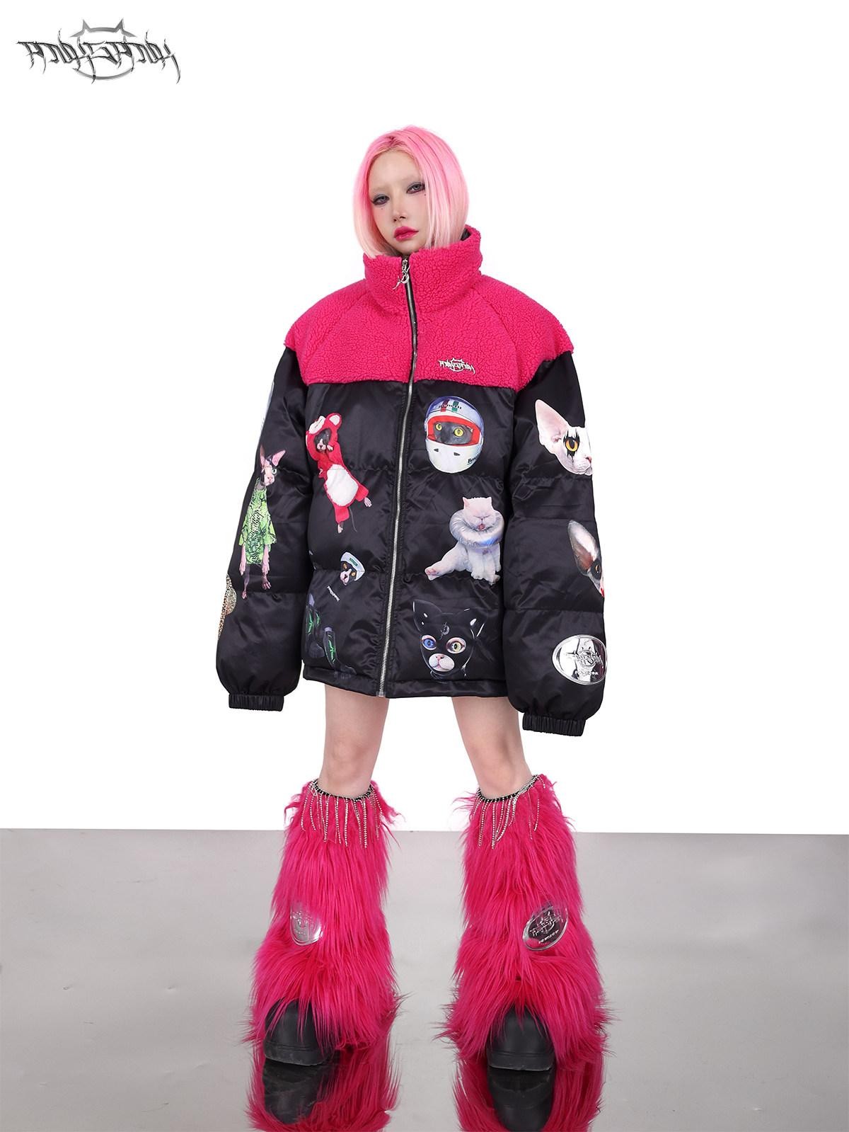 PINKSPINK Black Pink Cat Colorblock Oversized Zipper Women's Cotton Puffer Jackets