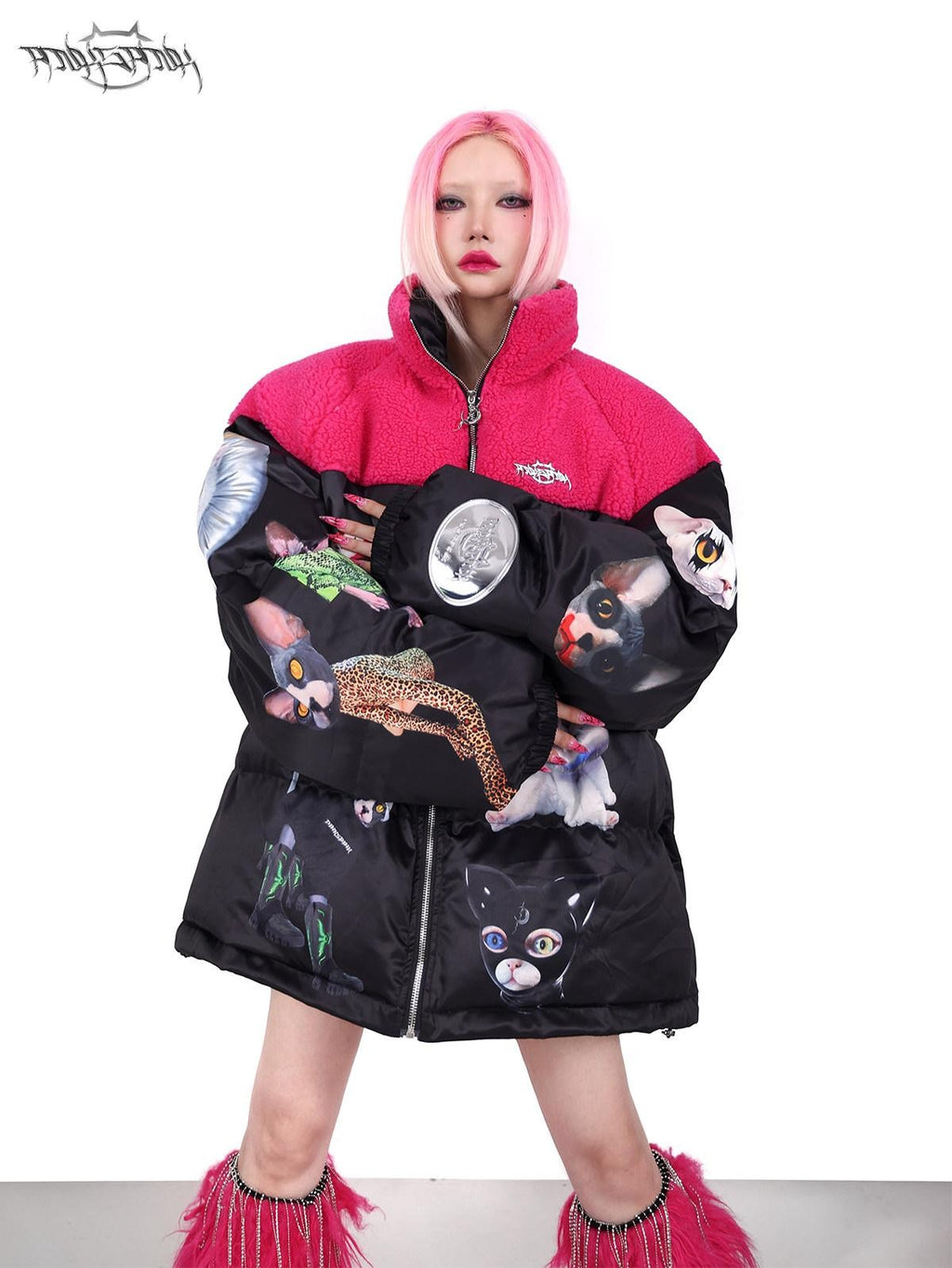 PINKSPINK Black Pink Cat Colorblock Oversized Zipper Women's Cotton Puffer Jackets