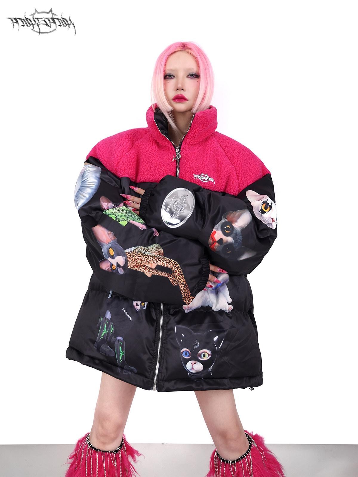 PINKSPINK Black Pink Cat Colorblock Oversized Zipper Women's Cotton Puffer Jackets