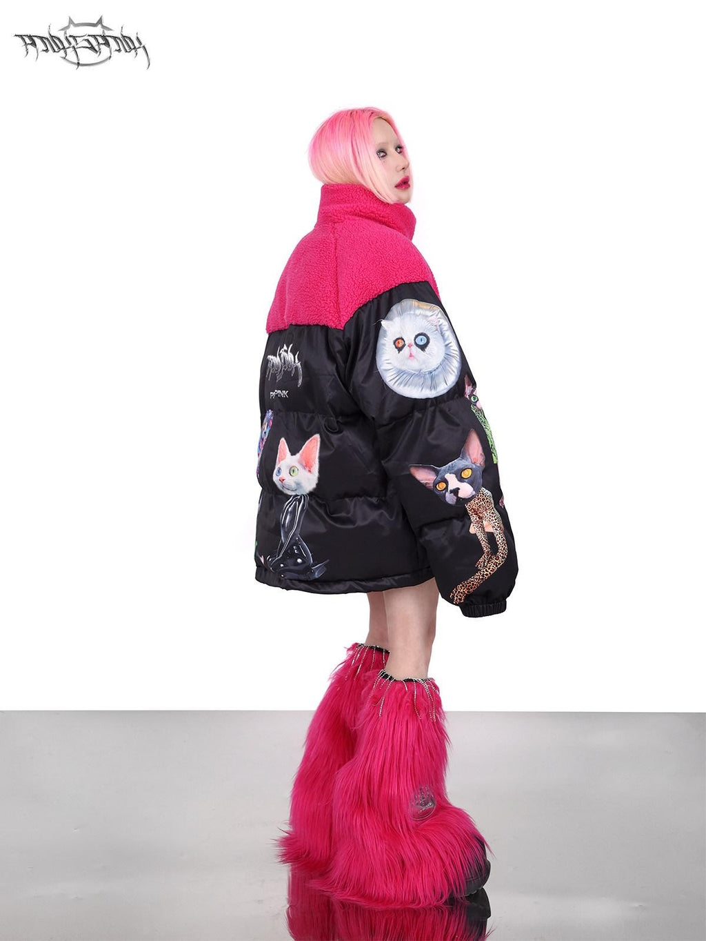 PINKSPINK Black Pink Cat Colorblock Oversized Zipper Women's Cotton Puffer Jackets