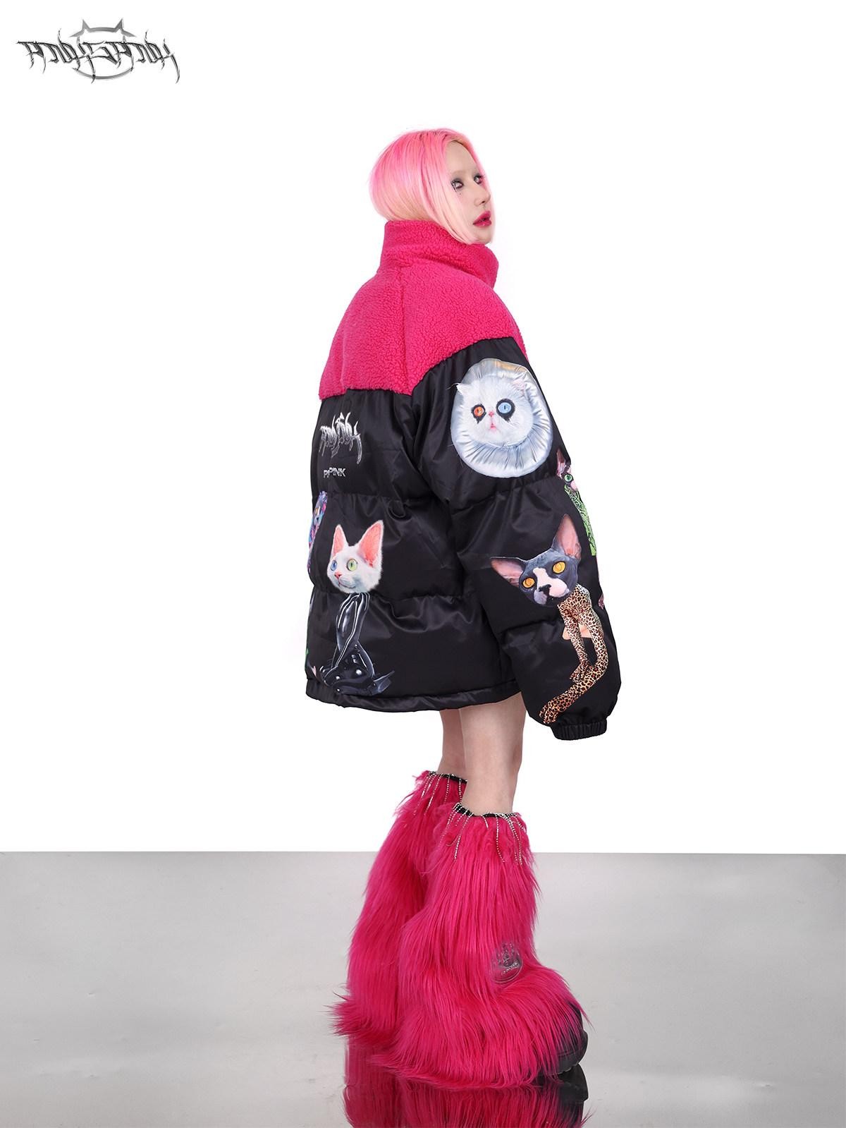 PINKSPINK Black Pink Cat Colorblock Oversized Zipper Women's Cotton Puffer Jackets