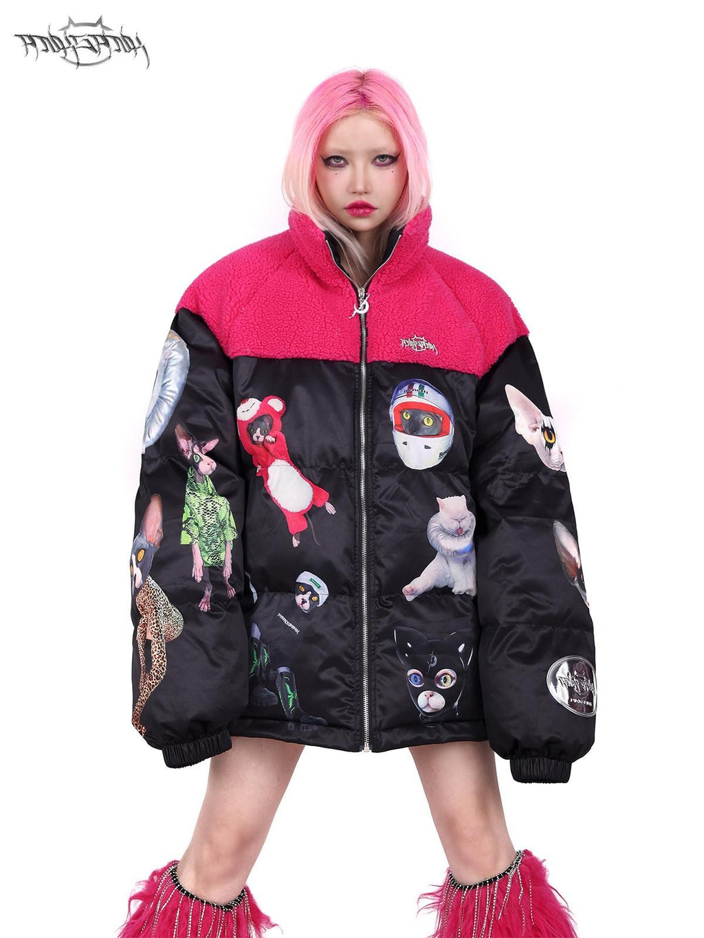 PINKSPINK Black Pink Cat Colorblock Oversized Zipper Women's Cotton Puffer Jackets