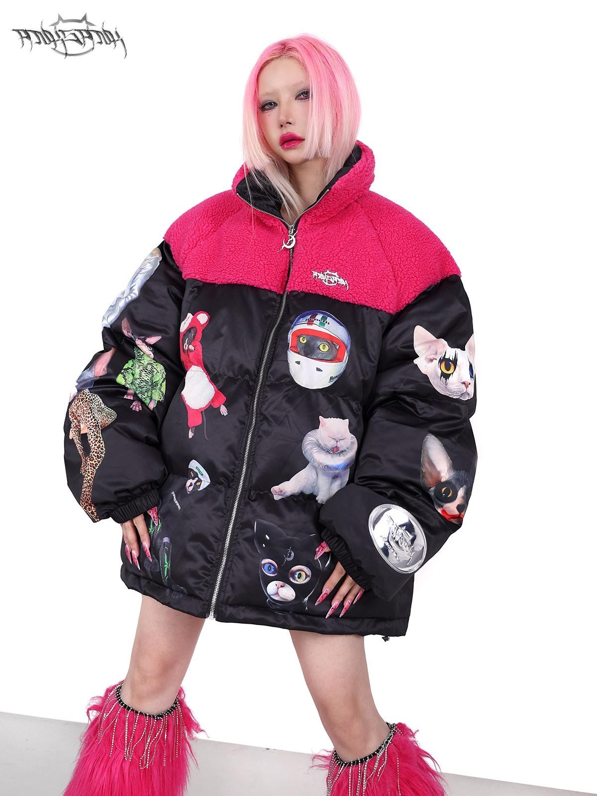 PINKSPINK Black Pink Cat Colorblock Oversized Zipper Women's Cotton Puffer Jackets