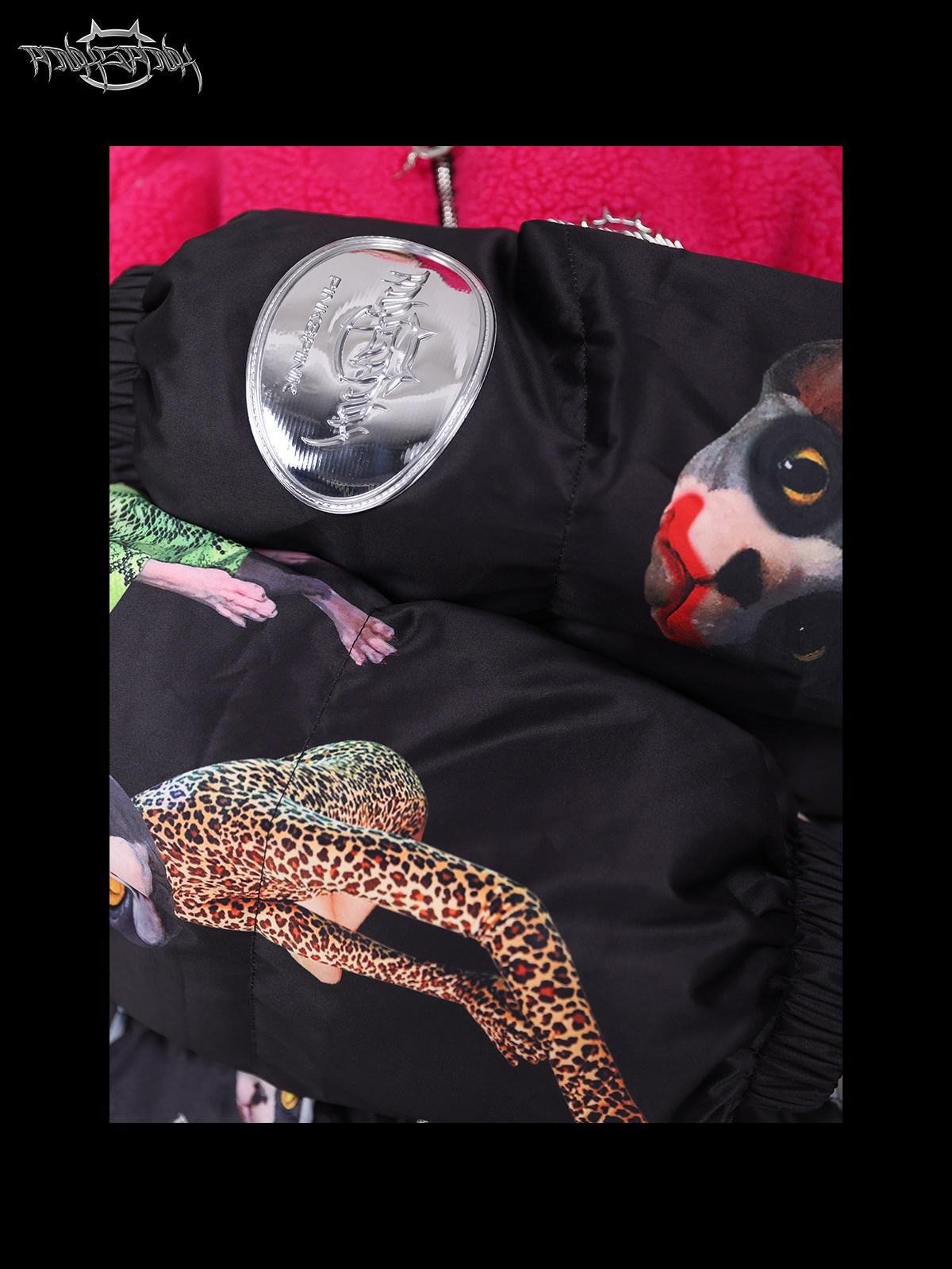 PINKSPINK Black Pink Cat Colorblock Oversized Zipper Women's Cotton Puffer Jackets
