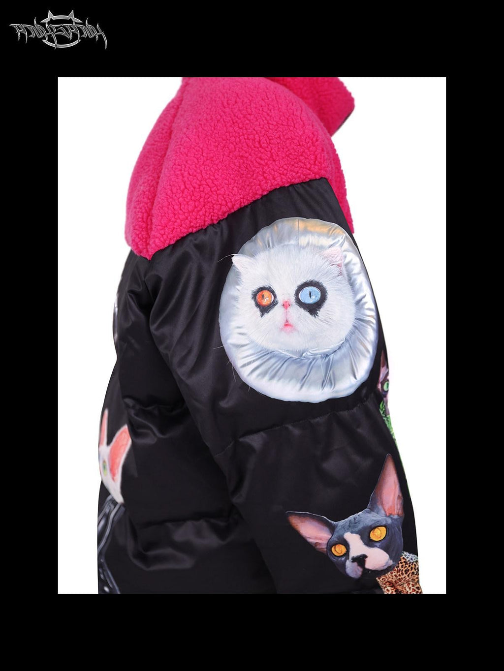 PINKSPINK Black Pink Cat Colorblock Oversized Zipper Women's Cotton Puffer Jackets