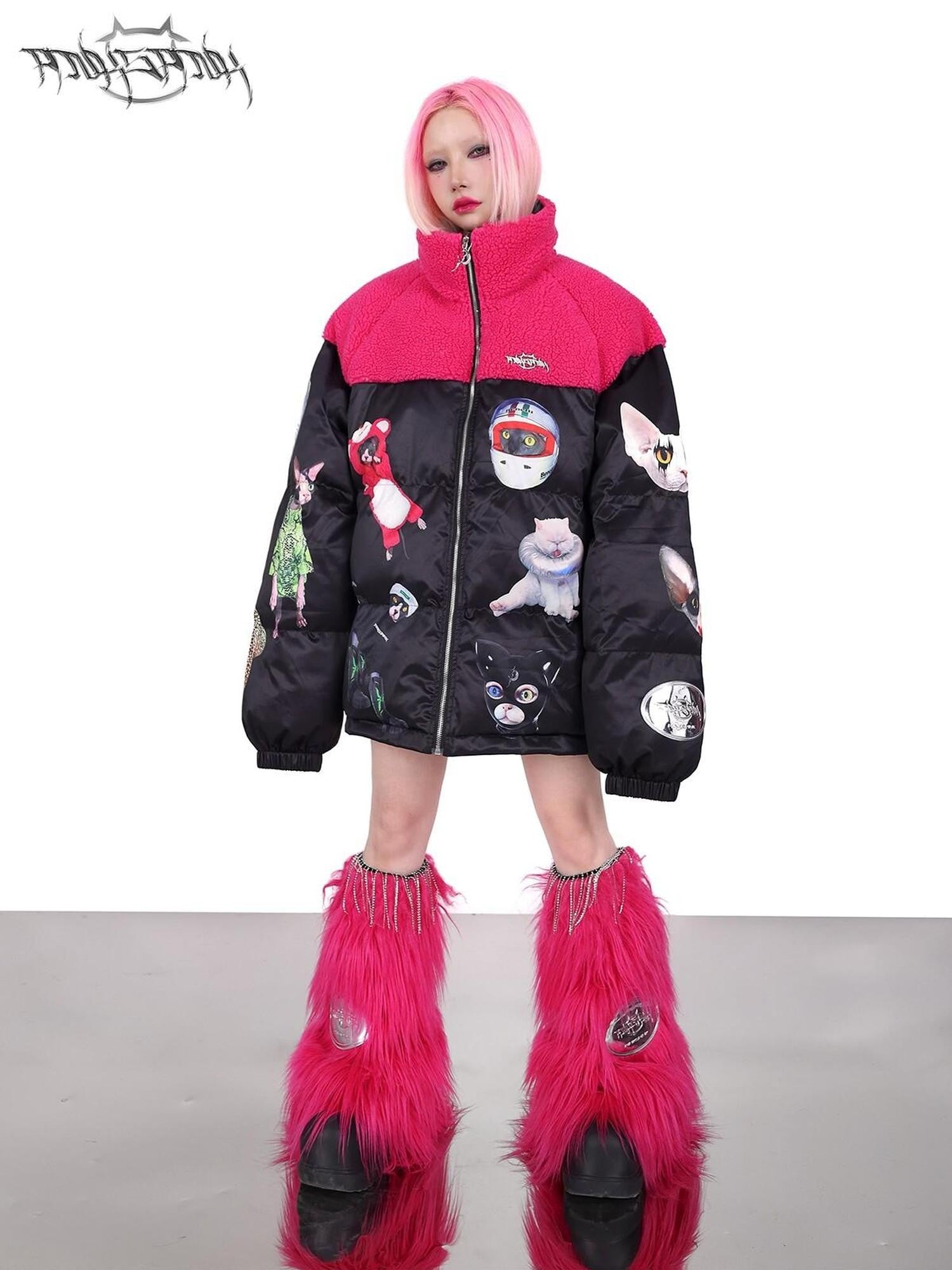 PINKSPINK Black Pink Cat Colorblock Oversized Zipper Women's Cotton Puffer Jackets