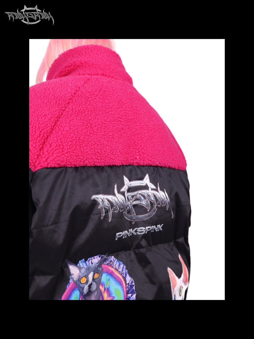 PINKSPINK Black Pink Cat Colorblock Oversized Zipper Women's Cotton Puffer Jackets
