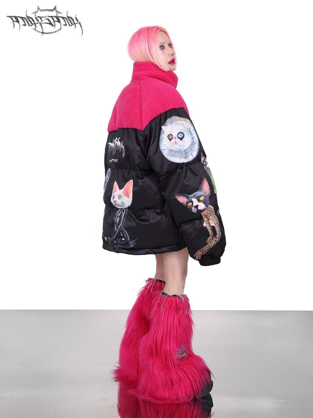 PINKSPINK Black Pink Cat Colorblock Oversized Zipper Women's Cotton Puffer Jackets